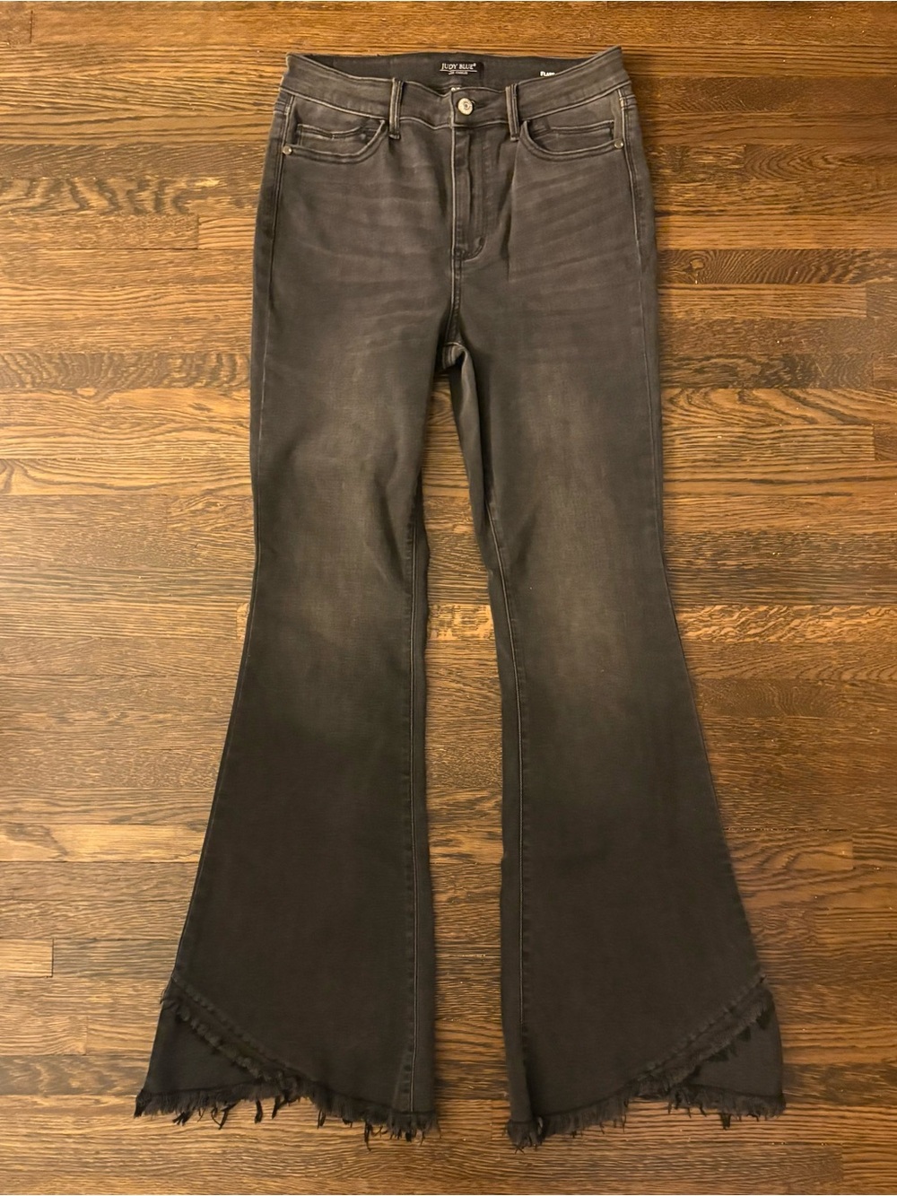 Judy Blue High-Rise Black Flare Jeans with Frayed Tulip Hem 9/29 NWOT
